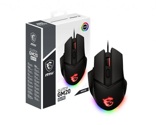 MSI CLUTCH GM20 ELITE Optical Gaming Mouse '6400 DPI Optical Sensor, 6 Programmable button, Dual-Zone RGB, Ergonomic design, OMRON Switch with 20+ Million Clicks, Weight Adjustable, Red LED' MSI CLUTCH GM20 ELITE Optical Gaming Mouse '6400 DPI Optical Sensor, 6 Programmable button, Dual-Zone RGB, Ergonomic design, OMRON Switch with 20+ Million Clicks, Weight Adjustable, Red LED'